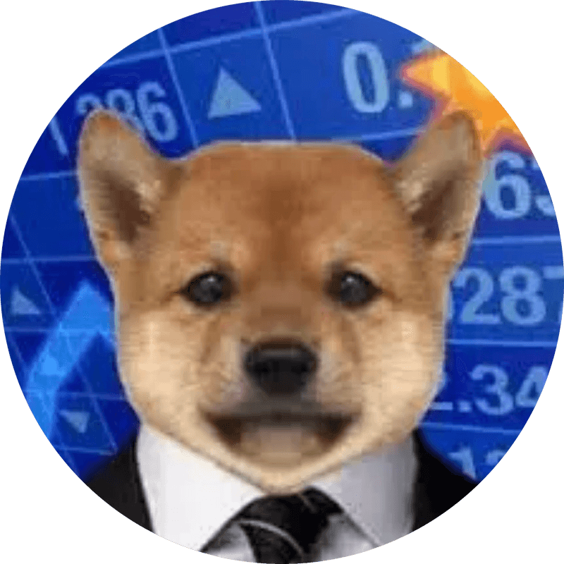 REVINU — a shiba in a suit in front of a stock chart